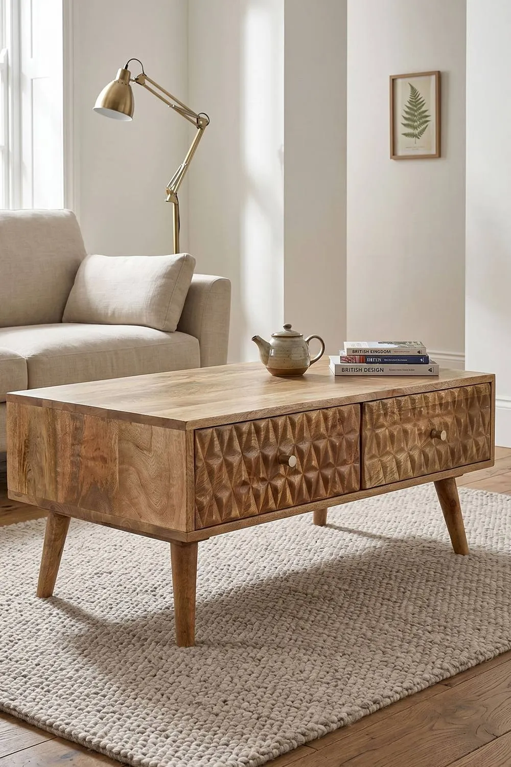 IH Design Cliddesden Light Mango Wood Coffee Table 2 Drawers in Natural