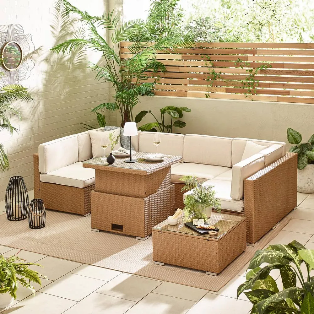 FurnitureboxUK Orlando Rattan Rising Garden Coffee Dining Table in Beige 6
