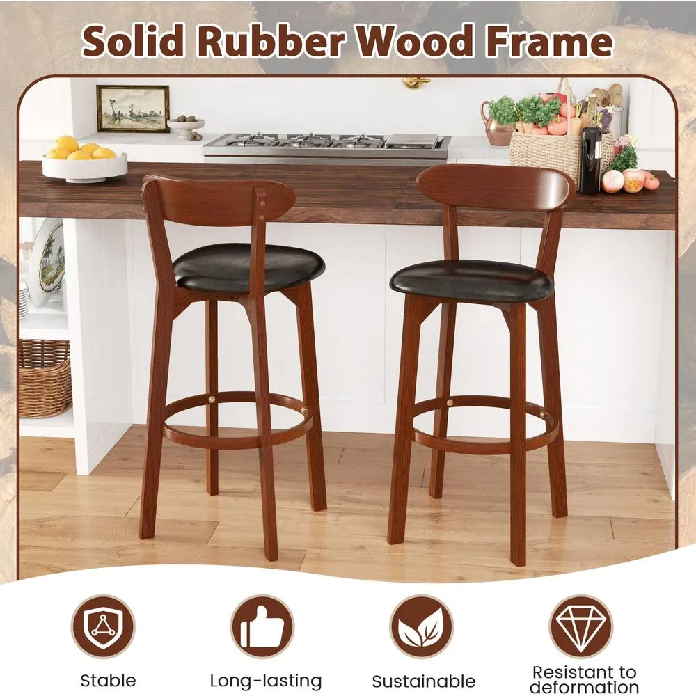 Costway Bar Stool Set of 2 77cm Barstools w/ Curved Backrest-Walnut in Brown 6