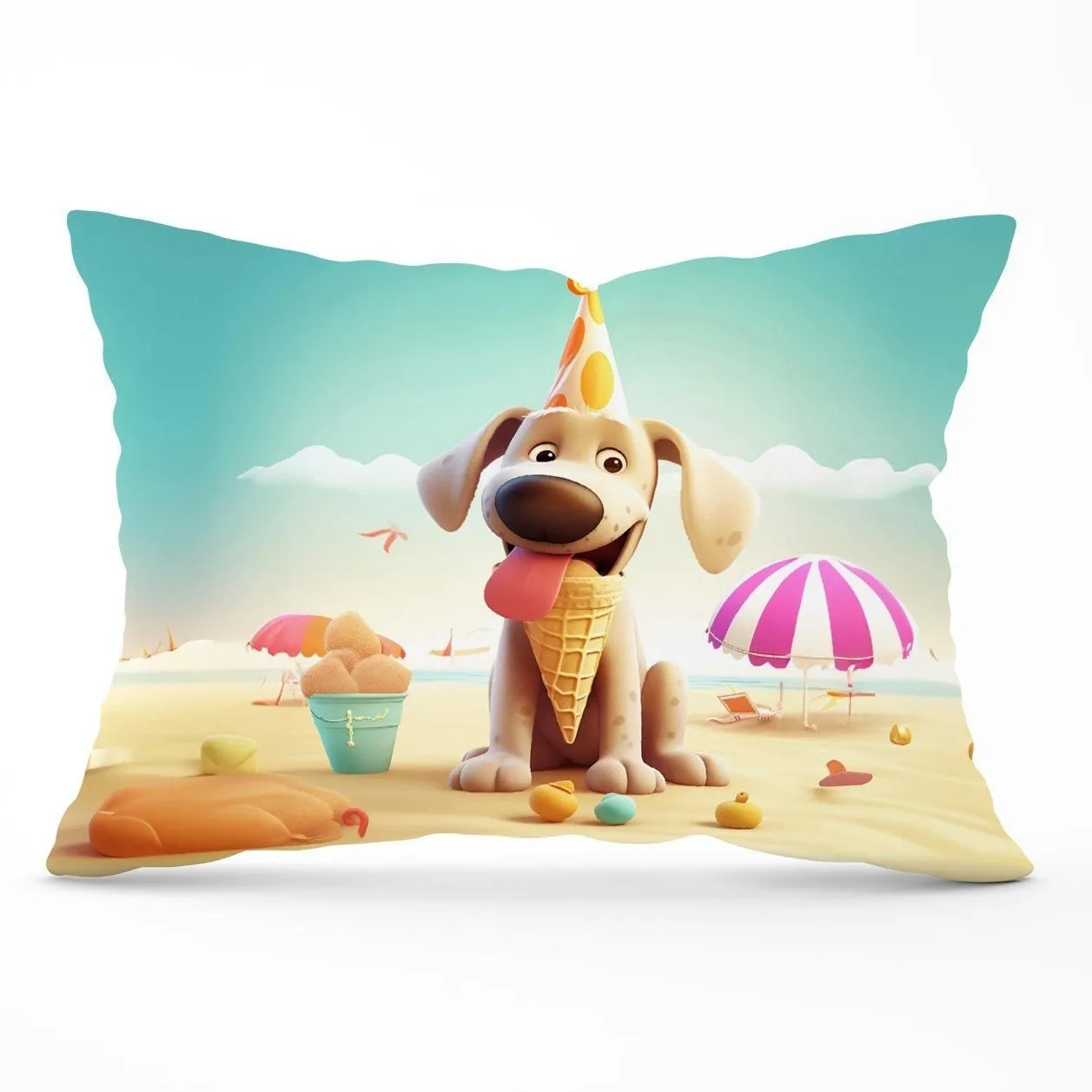 Warren Reed - Designer Dog On A Beach Holiday Cushions in Yellow