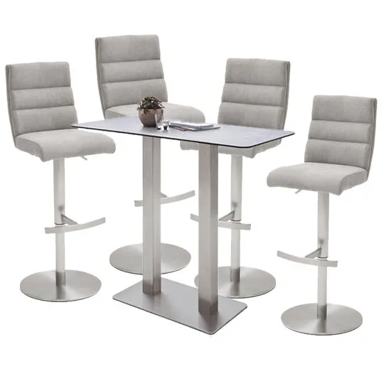 Soho Glass Bar Table With 4 Hiulia Ice Grey Fabric Stools