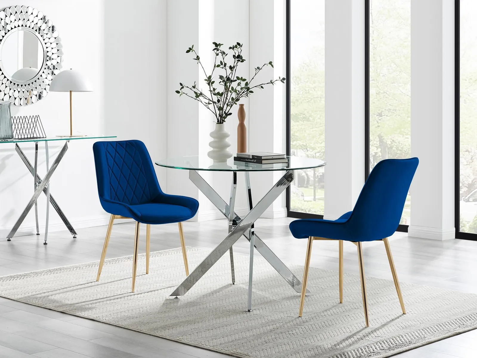 FurnitureboxUK Novara 100cm Round Dining Table & 2 Pesaro Gold Leg Chairs in Navy