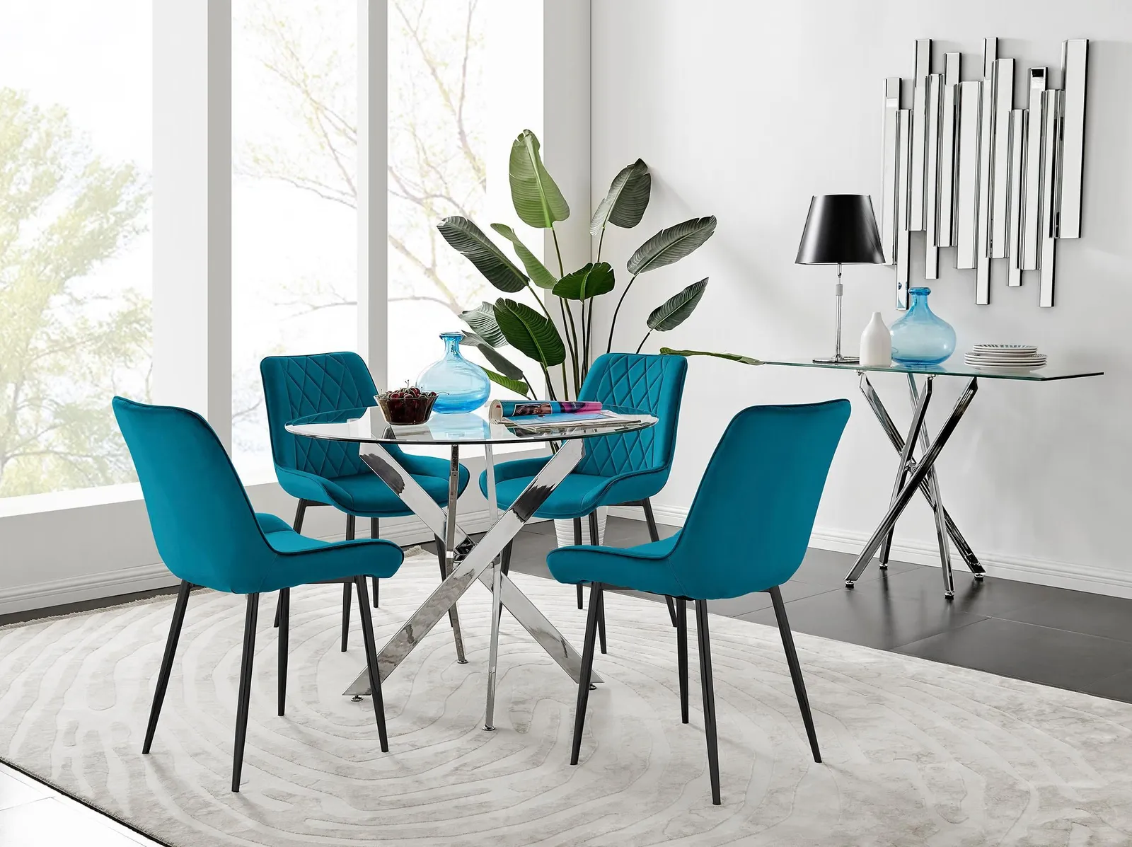 FurnitureboxUK Novara 100cm Round Dining Table & 4 Pesaro Black Leg Chairs in Blue 1