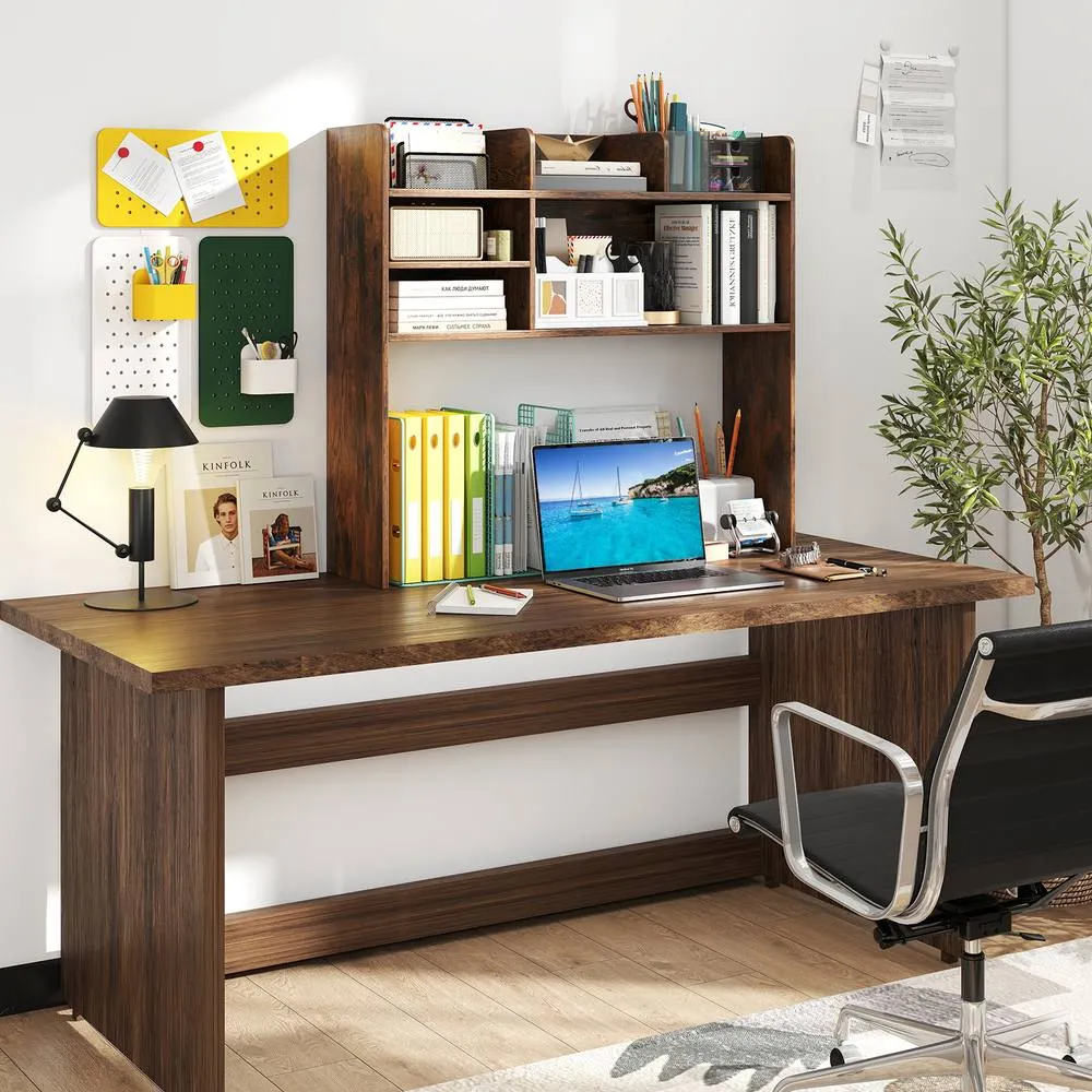 Costway Desktop Bookshelf Desk Hutch Shelf for Computer Monitor in Brown 5