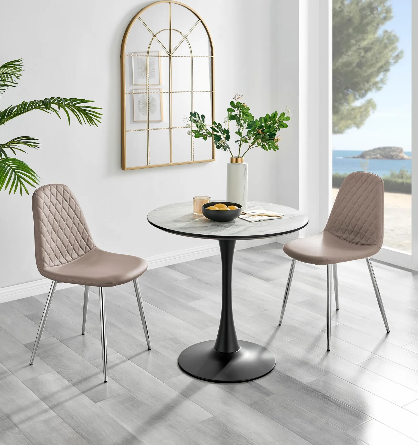 FurnitureboxUK Elina White Marble Effect Scratch Resistant Dining Table & 2 Corona Silver Chairs in Beige 1