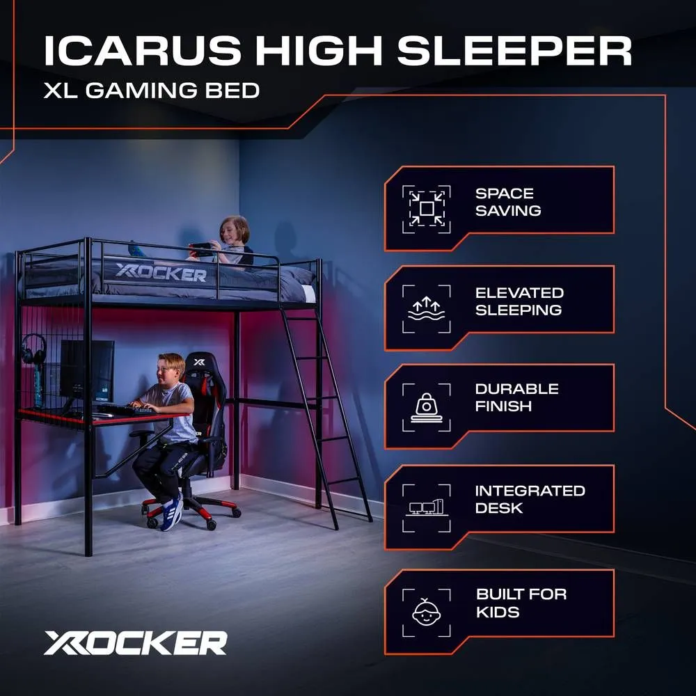 X Rocker Icarus XL High Sleeper Bunk Bed Metal Bed with Gaming Desk in Black 2