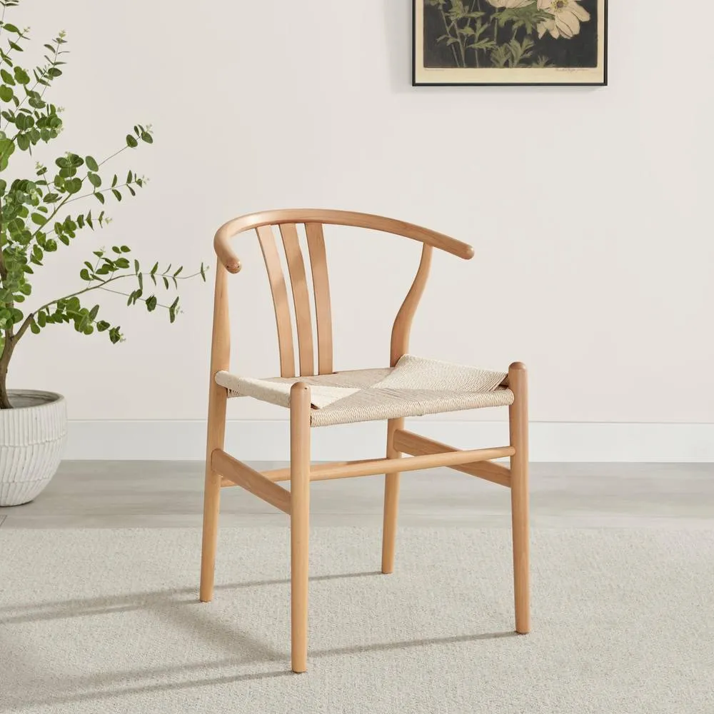FurnitureboxUK 2x Caia Oak Effect Wood & Rope Wishbone Dining Chairs in Beige 3
