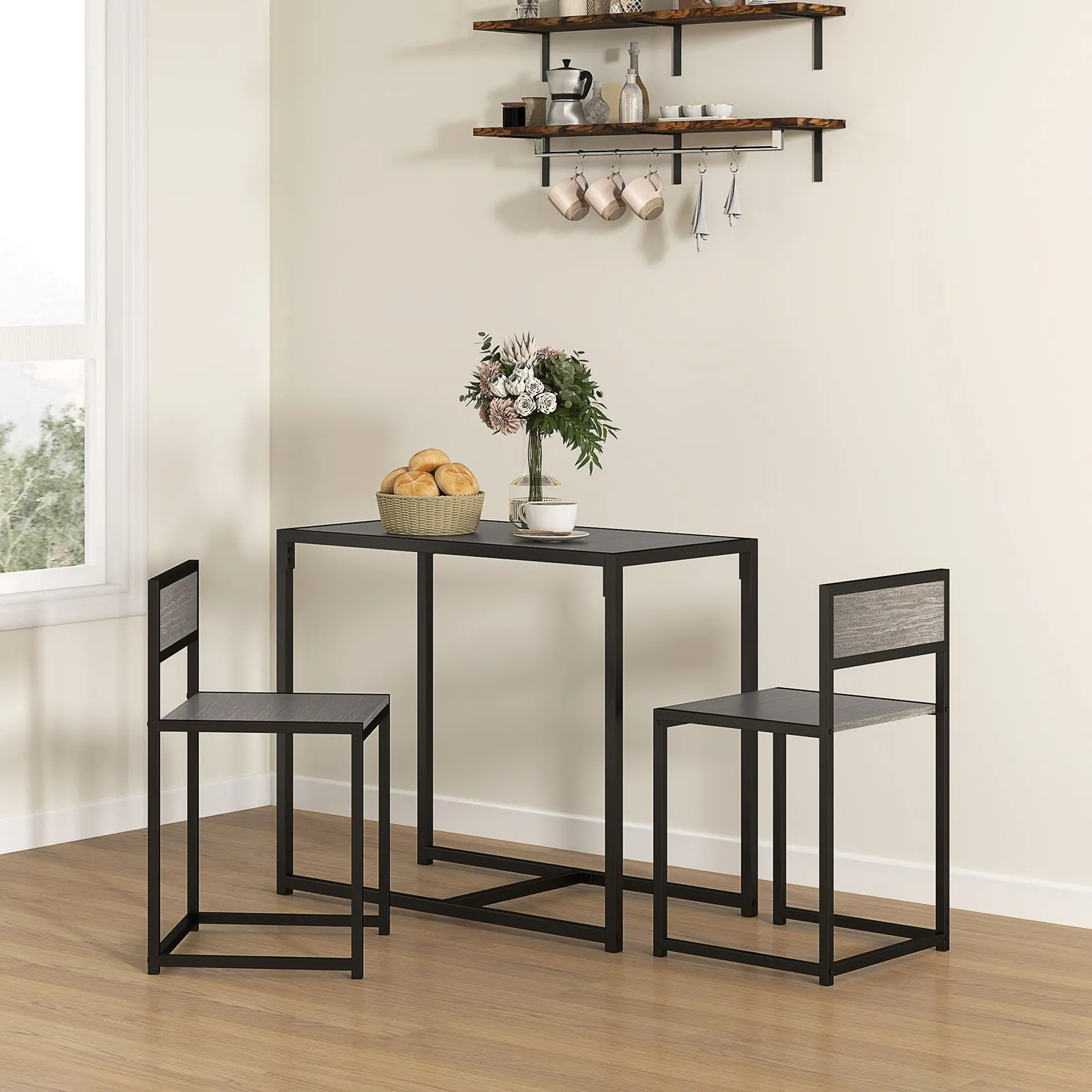 HOMCOM 3 Piece Dining Table Set with Metal Frame in Grey