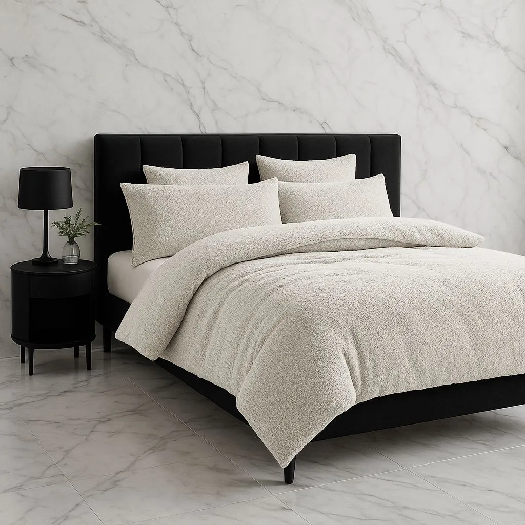 Snug City Teddy Bear Fleece Soft Cosy Duvet Cover + Pillow Case Set in Cream