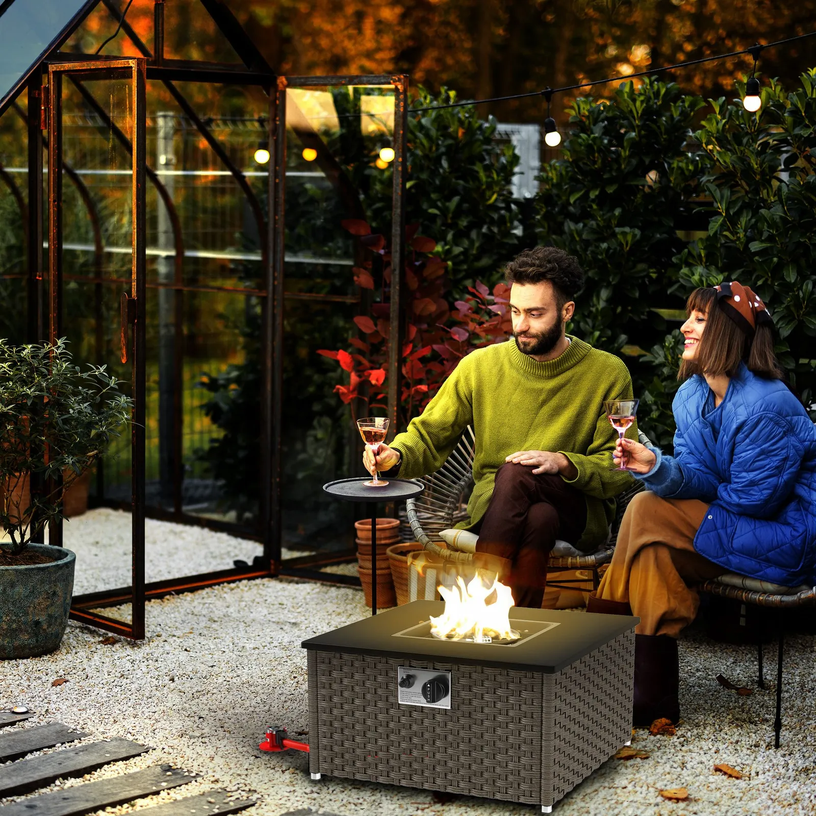OUTSUNNY 13 KW Rattan Fire Pit Table, Garden Fire Table for Garden, Grey