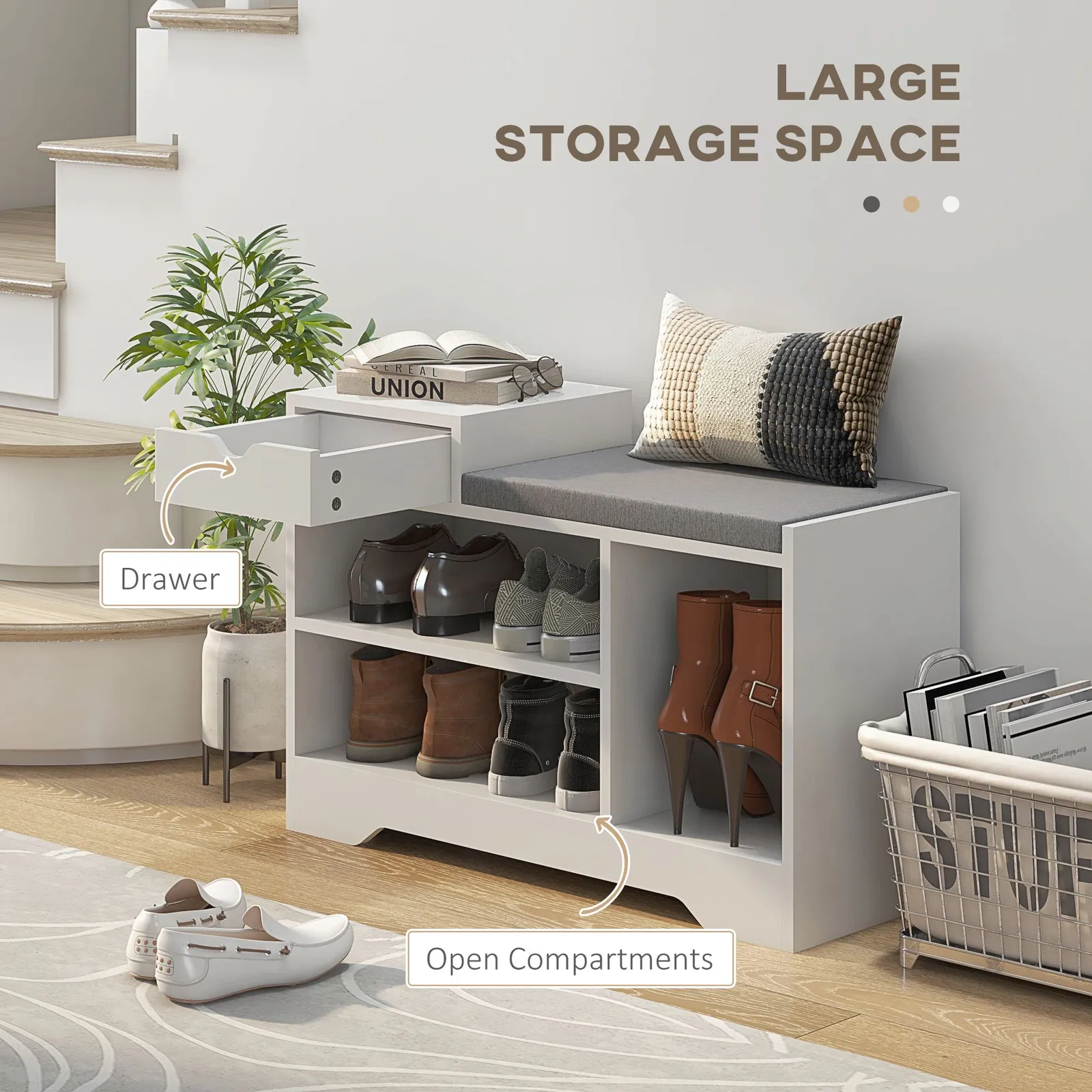 HOMCOM Upholstered Entryway Shoe Bench with Storage Drawer Open Shelf in White 4