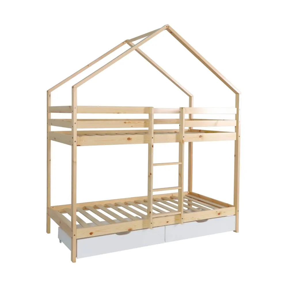 sweeek Children's bunk bed cabin 90 x 190 cm natural pine with storage in White 2