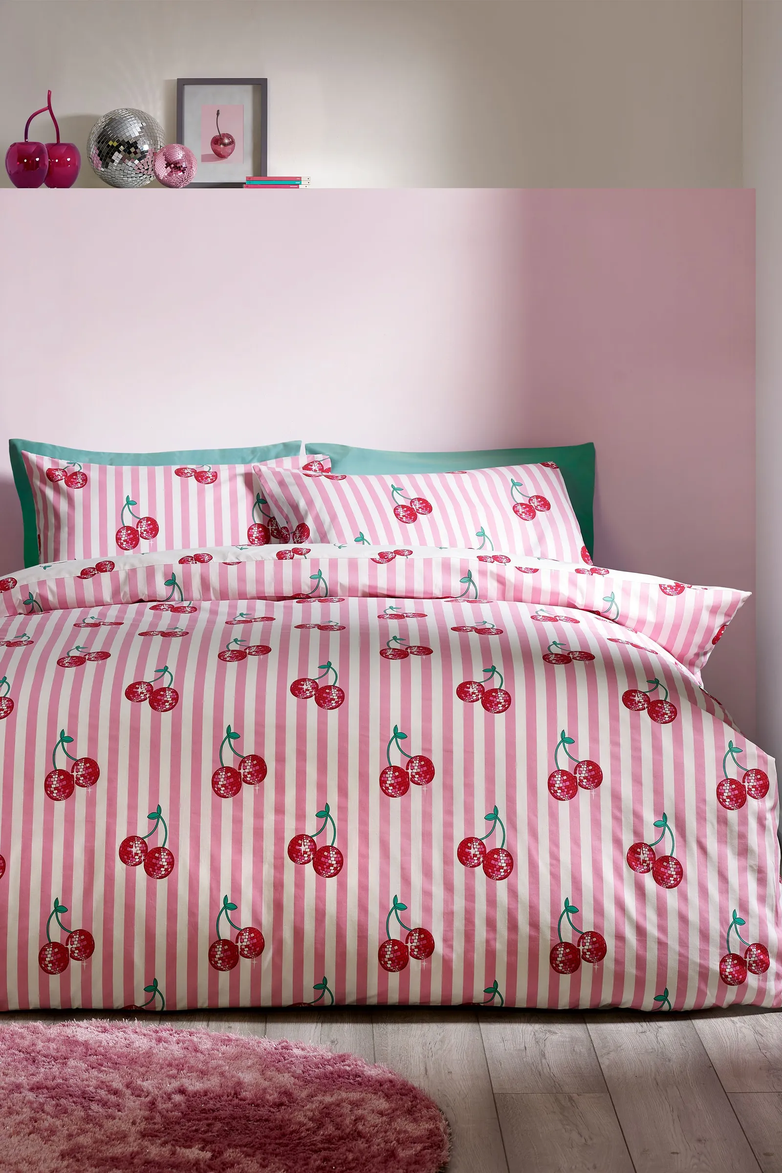 Catherine Lansfield 'Disco Cherries Stripes' Reversible Duvet Cover Set in Pink