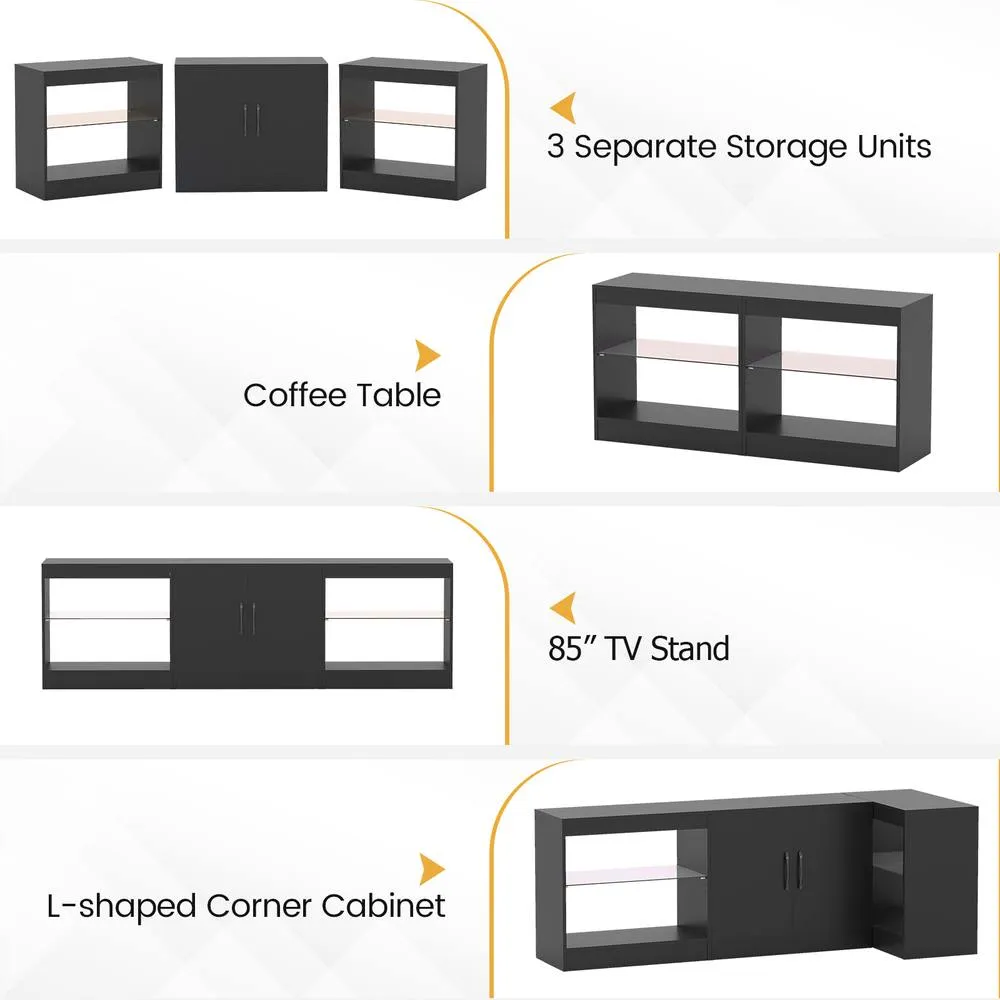 Costway Modular TV Stand for 85" TVs 3-in-1 Entertainment Center w/LED Lights in Black 5