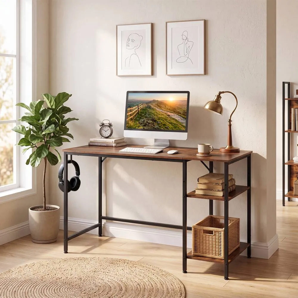Costway Reversible Home Office Desk with Headphone Hook & Shelves in Brown 3