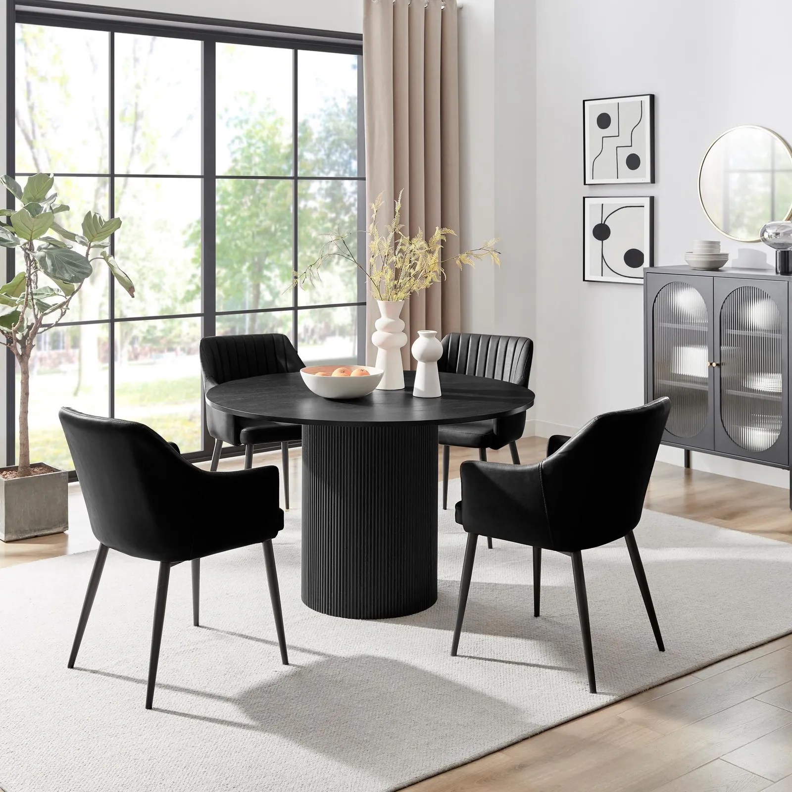 FurnitureboxUK Penrose Black Round Dining Table & 4 Calla Faux Leather Chairs 1