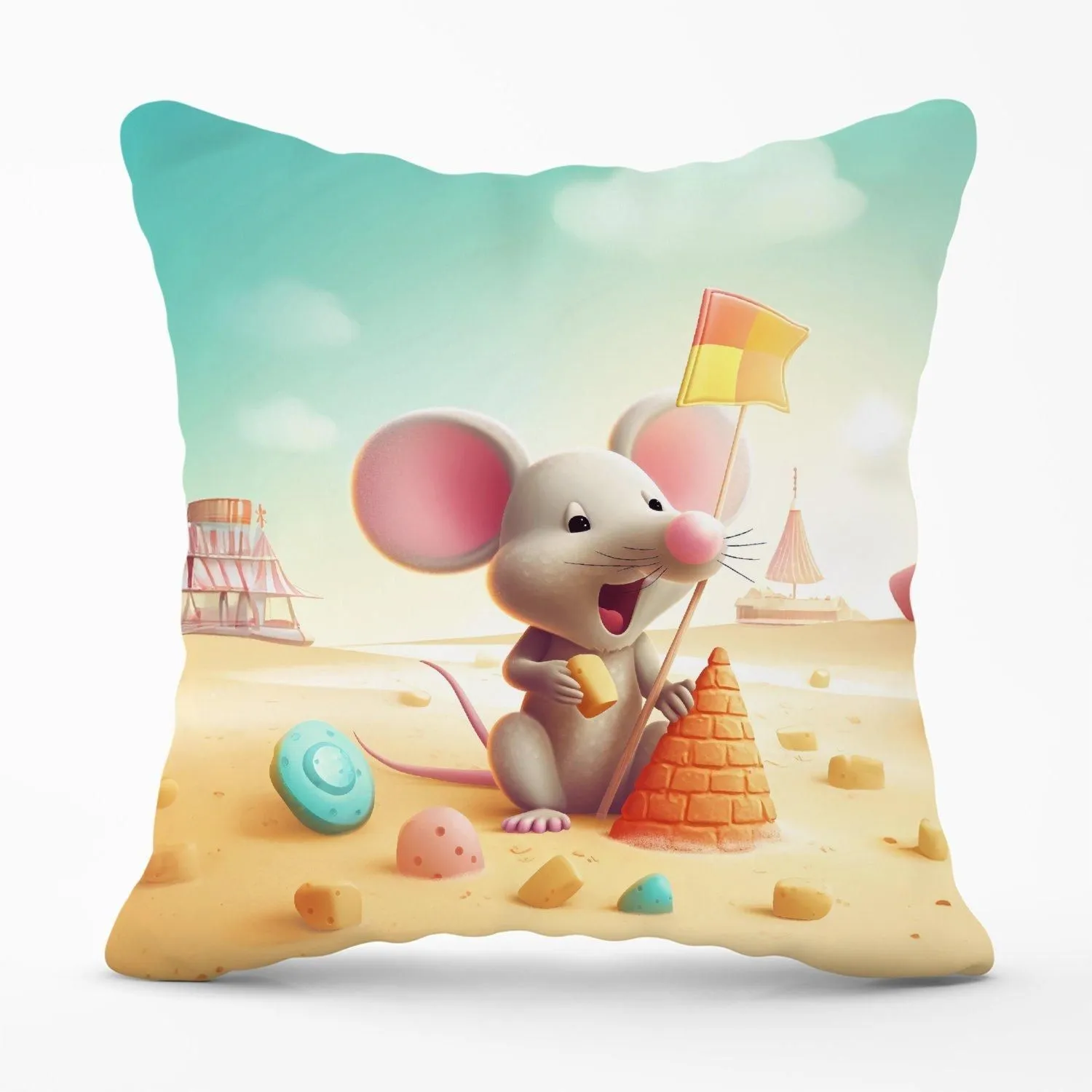 Warren Reed - Designer A Mouse On A Beach Holiday Outdoor Cushion in Yellow
