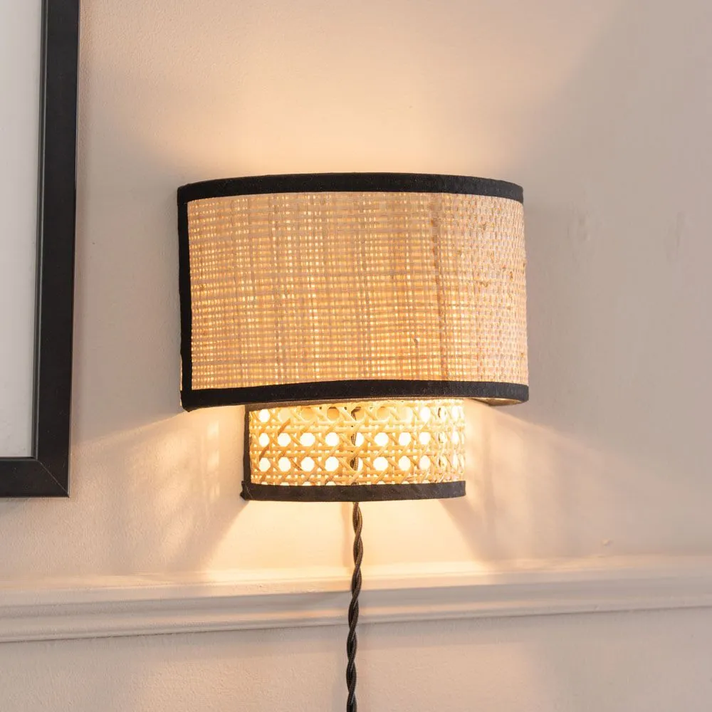 ValueLights Pair of - Plug in Natural Rattan Wicker Cane Easy Fit Wall Lights in Brown 3