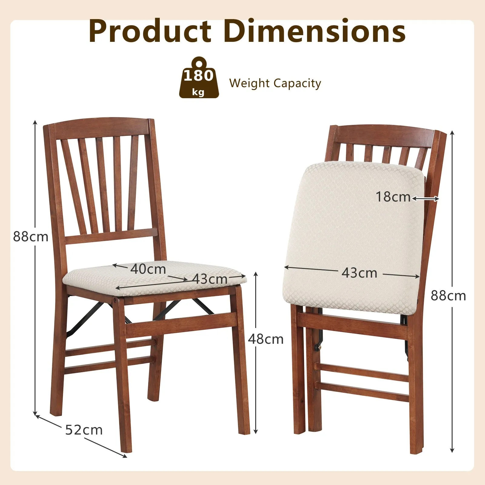 Costway Dining Chair Set of 2 Folding Chairs with Padded Seat in Brown 2
