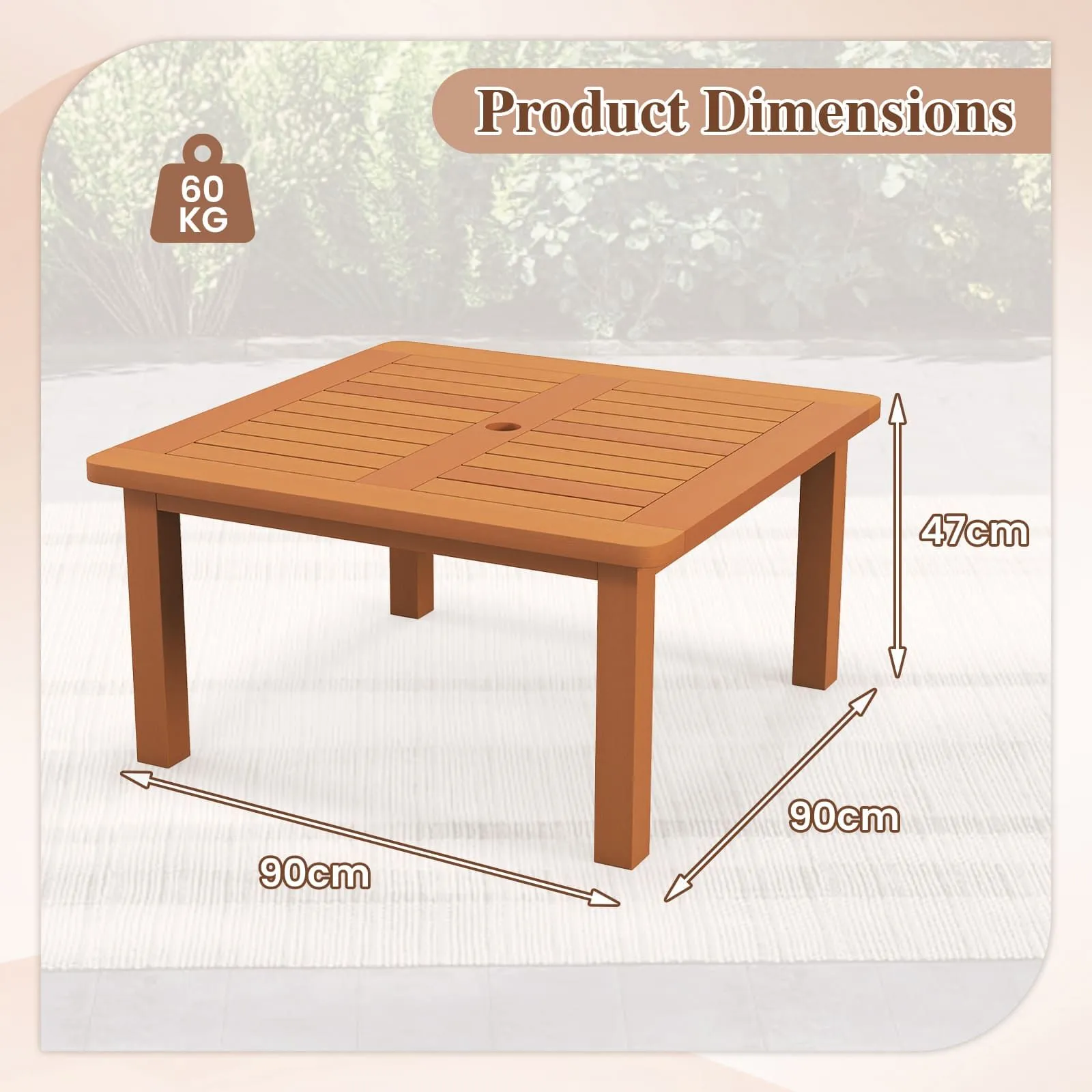 Costway Patio Coffee Table Outdoor Solid Wood Side Table with Slatted Tabletop in Natural 2