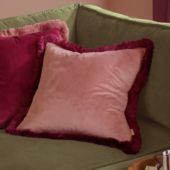Furn Halo Fringed Velvet Cushion Slipper/Burgundy 50 X 50Cm, Pink