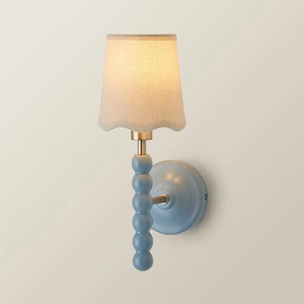 ValueLights Bobbins Pair of Pastel Wall Lights & Natural Linen Trim Lamp Shades in Pale Blue 6