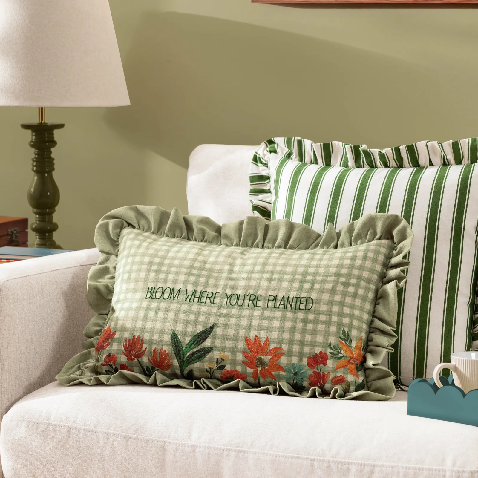 Furn Meadow Haze Floral Embroidered Ruffle Cushion in Green