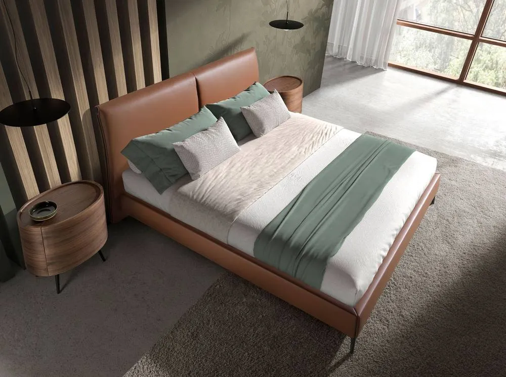 Angel Cerda Brown Leatherette Double Bed Pine Base, Steel Legs 6
