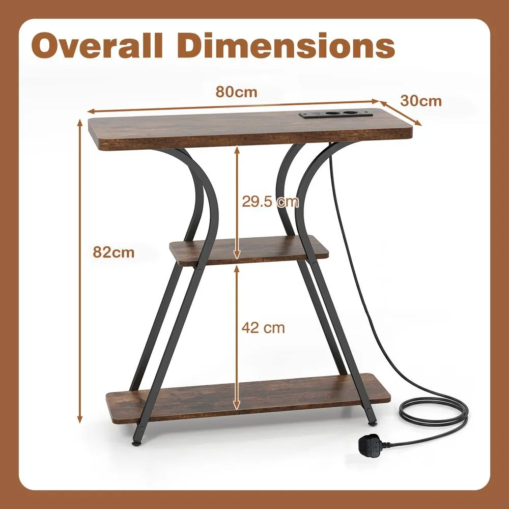 Costway Console Table w/ LED Lights & Power Outlets Table w/ Shelves in Brown 2