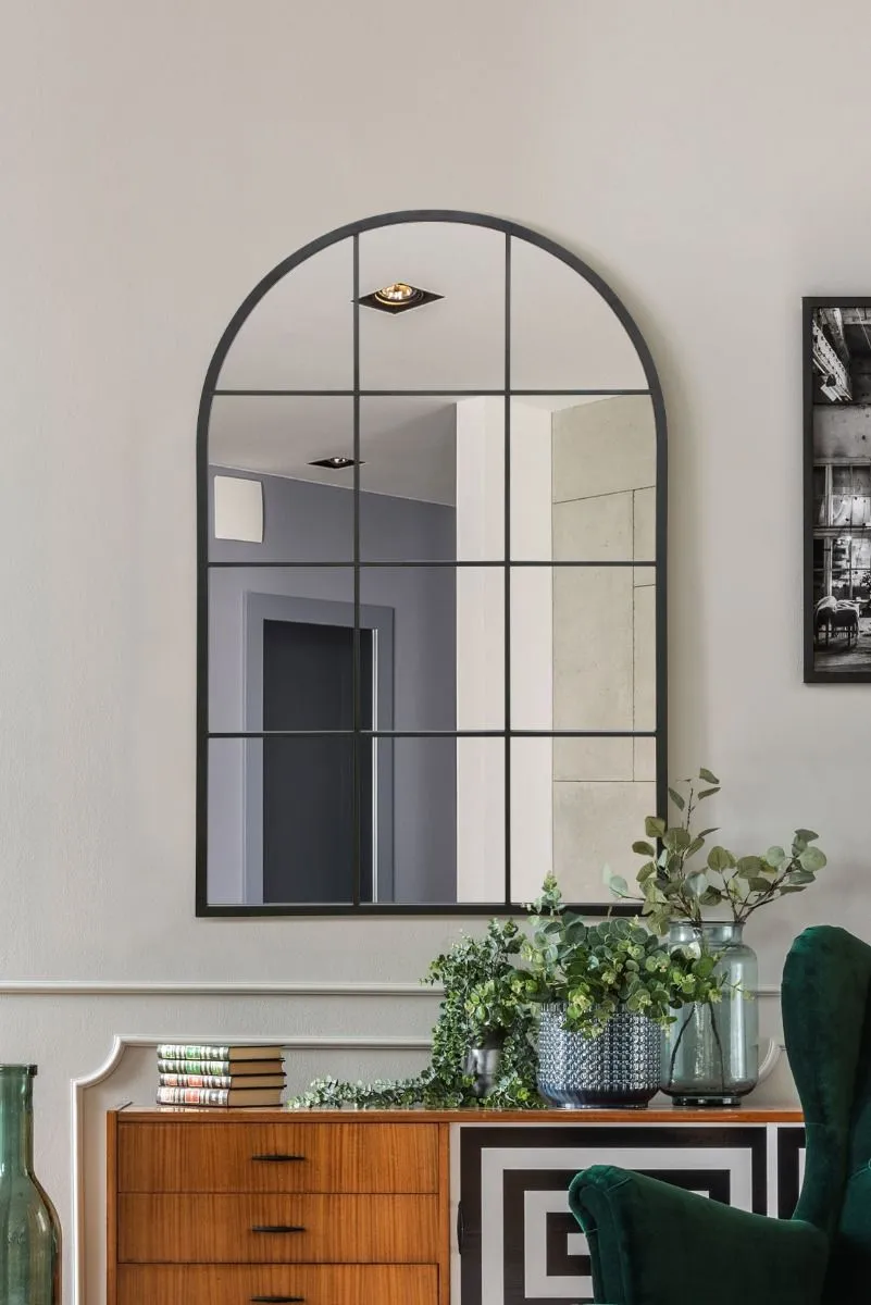 MirrorOutlet Black Metal Framed Arched Window Wall Mirror 47" X 31" (120CM X 80CM)