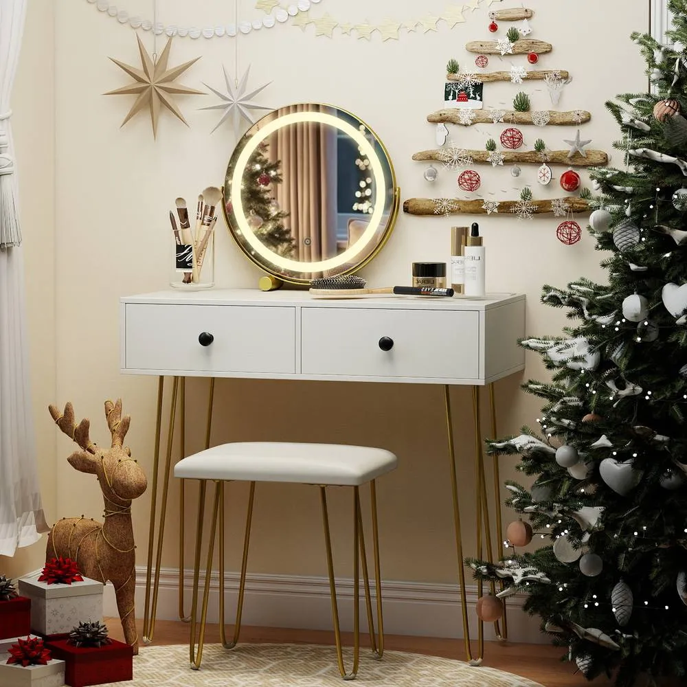 Costway Vanity Set w/Mirror & Lights Dressing Table & Stool w/Charging Station in White 5