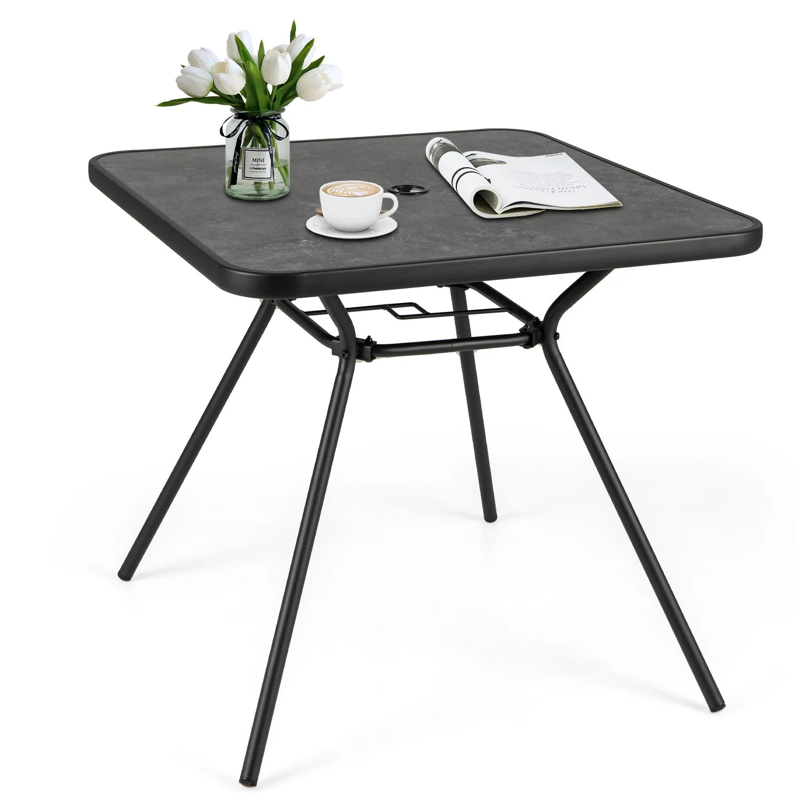 Costway Patio Dining Table 80cm Square Outdoor Table w/ 4CM Umbrella Hole in Black