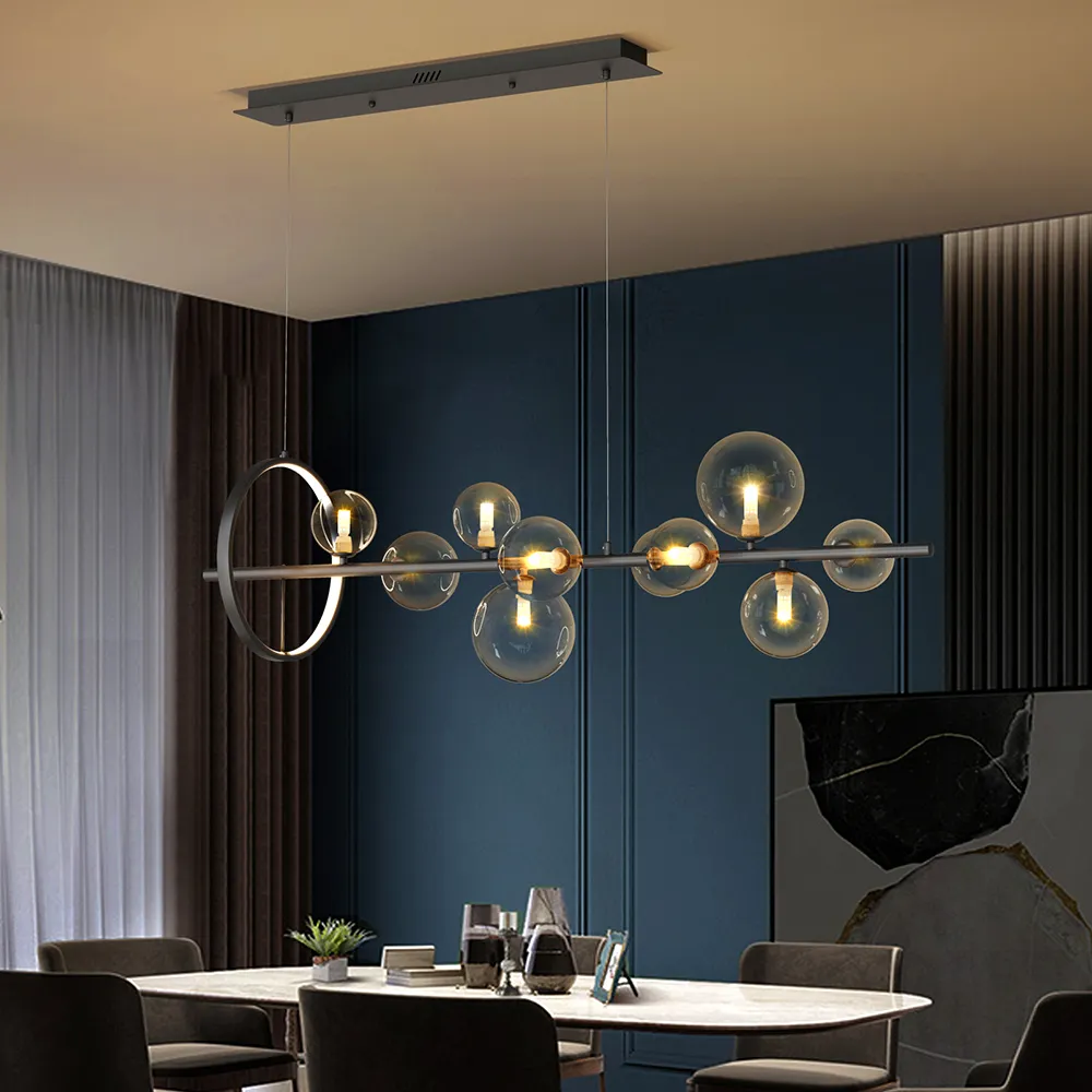 Modern 10-Light Black Kitchen Island Pendant Light with Glass Globe Shade