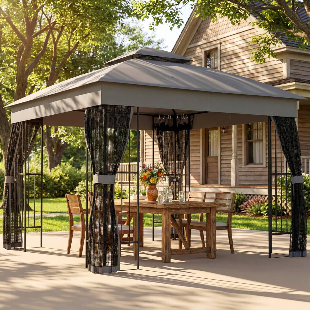 OUTSUNNY 3 x 3 m Garden Gazebo with Shelves, UPF50+ Permanent Gazebo in Grey