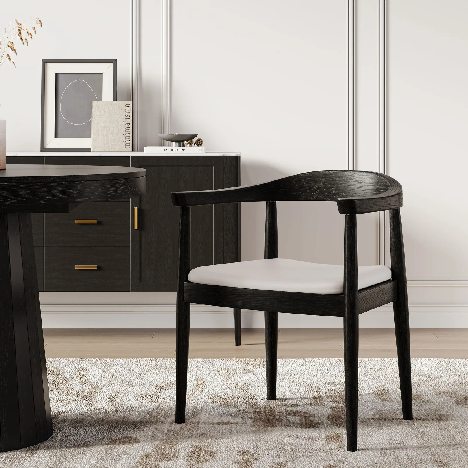 Set of 2 Modern Curved Back Dining Chair Upholstered Performance Leather Black Wooden Armchair