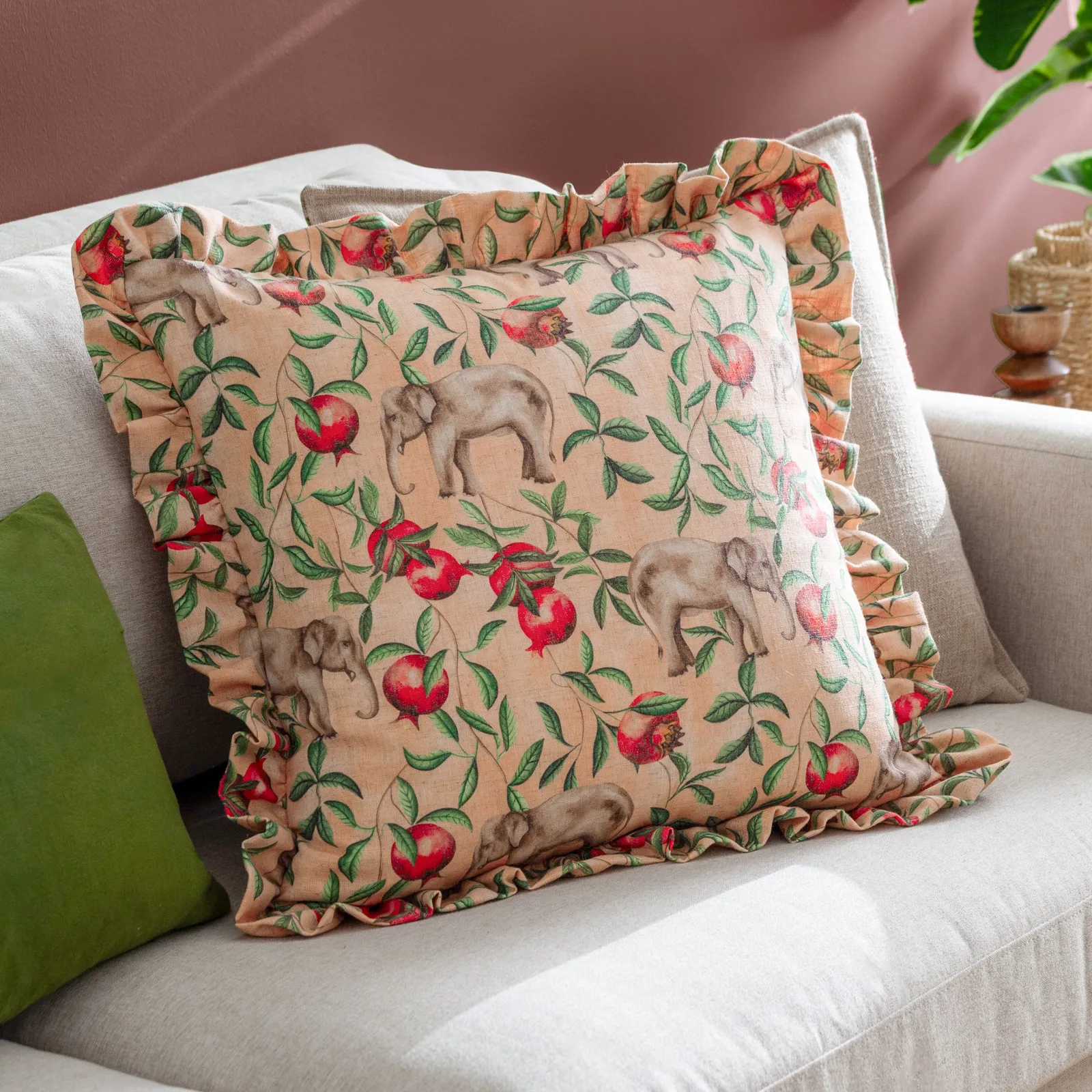 Wylder Tropics Okara Elephant Printed Ruffle Cushion in Peach