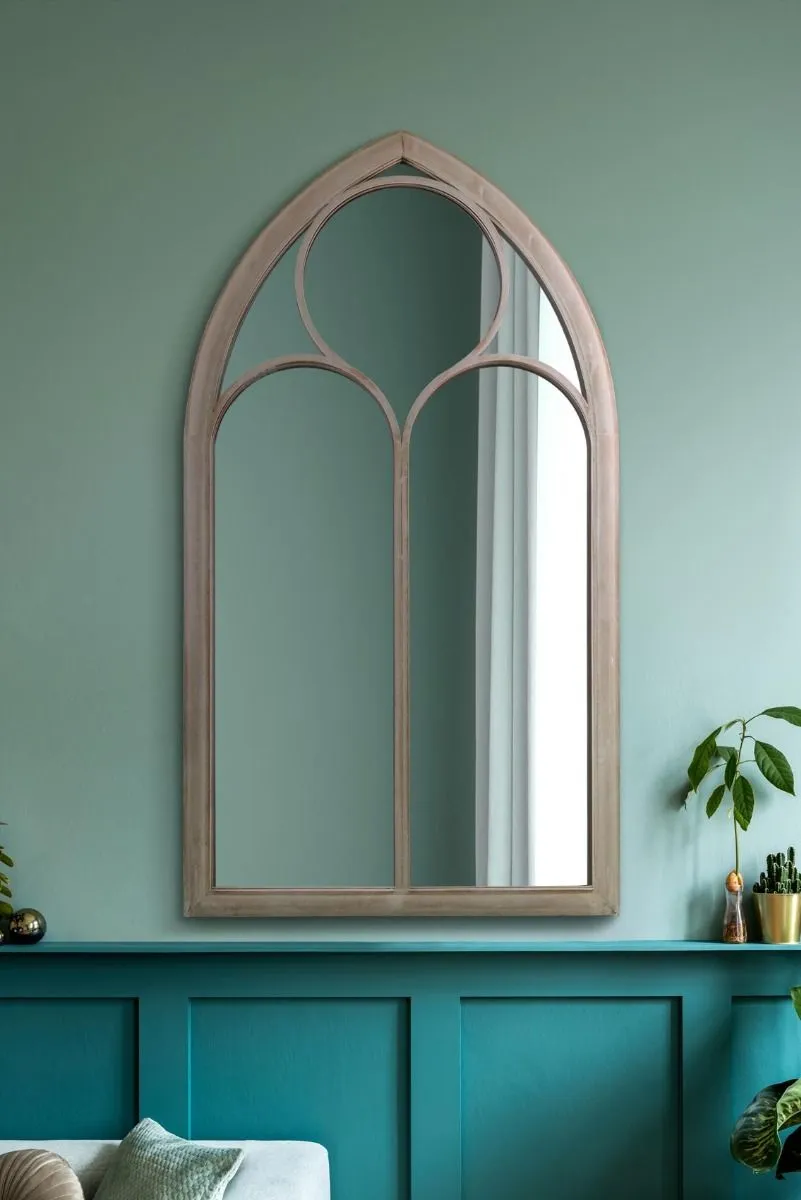MirrorOutlet Rustic Metal Chapel Arched Wall Mirror Stone Colour (111CM X 61CM) in Beige 2