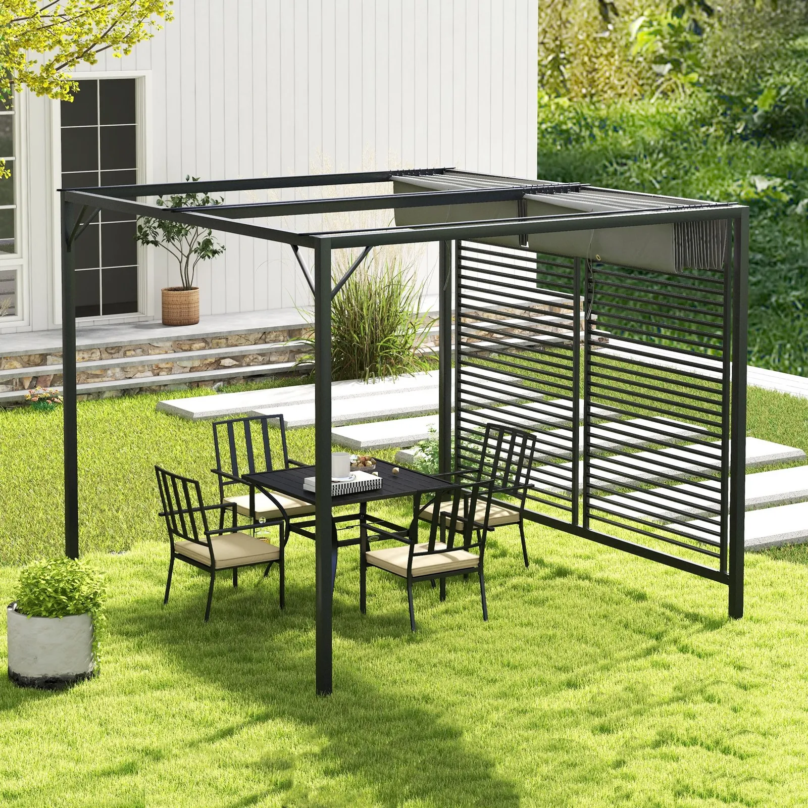 OUTSUNNY Metal Pergola Patio Sun Shelter Grape Tent Retractable Canopy UV Cut in Grey