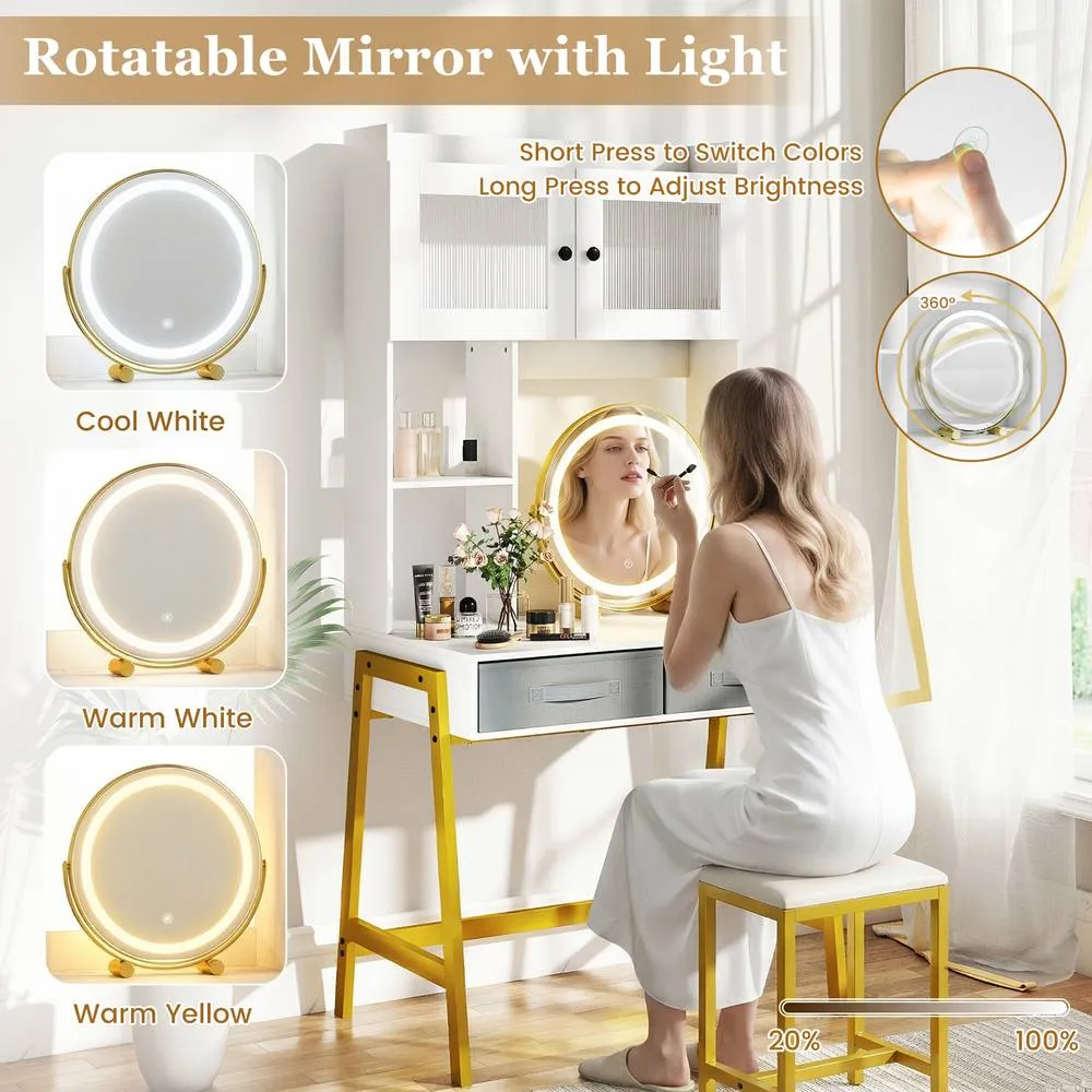 Costway Makeup Table Makeup Vanity Desk with Rotating Mirror & Lights White 6
