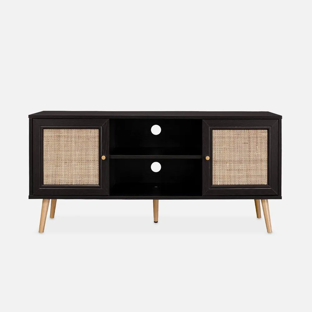 sweeek 120cm Tv Unit Wooden & Cane Effect 2 Doors in Black 2