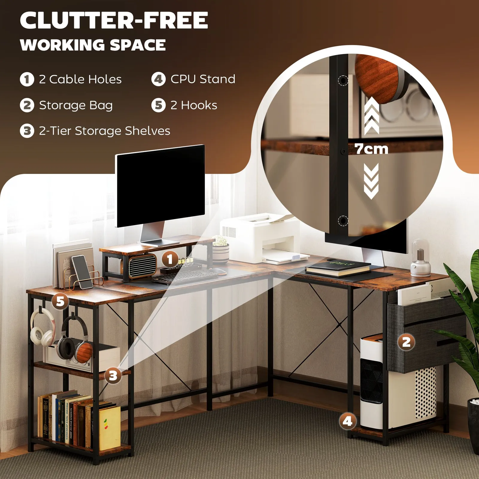 HOMCOM 168cm Reversible L Shaped Desk, 240cm Two Person Desk in Brown 4