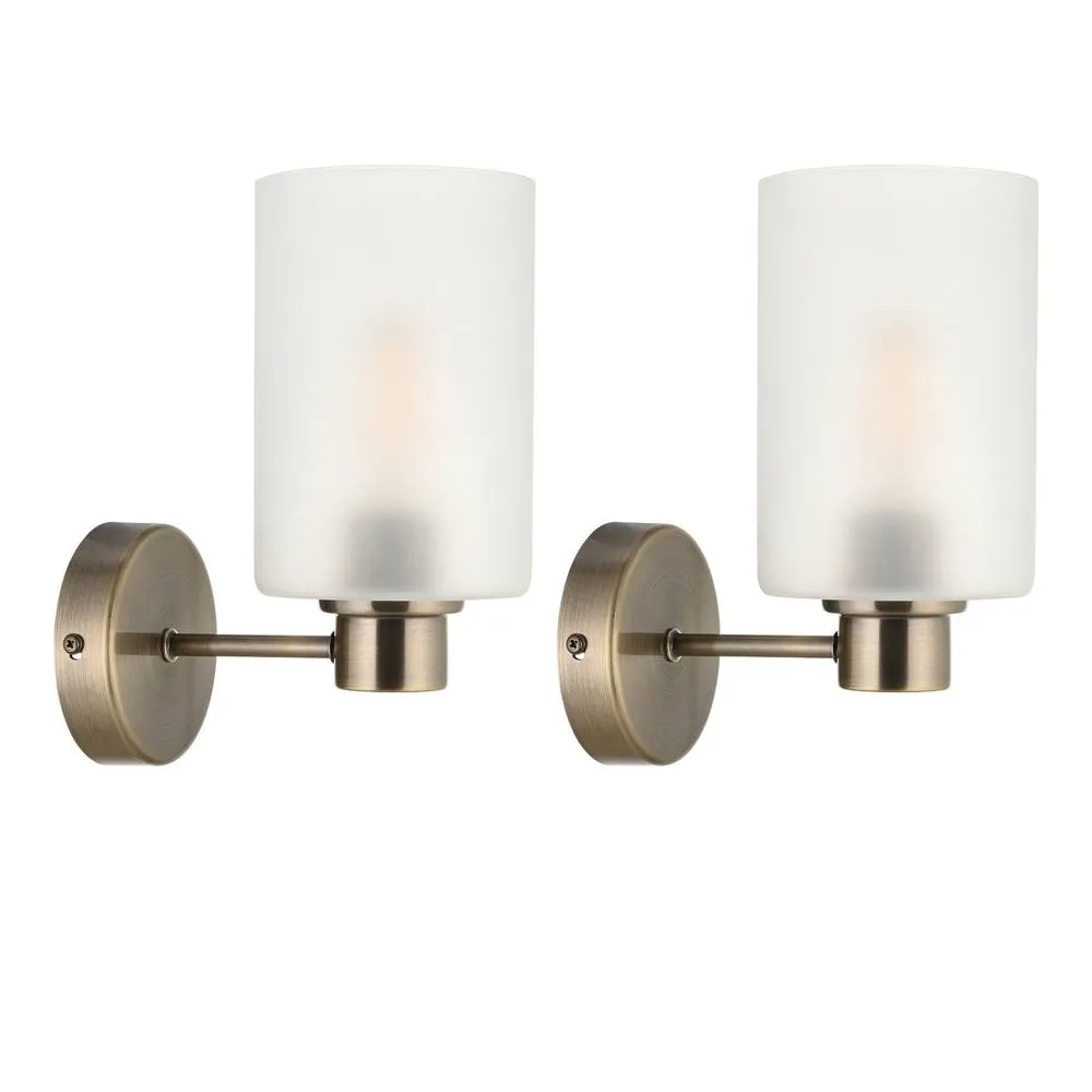 First Choice Lighting Set of 2 Panton - Antique Brass Wall Lights with Glass Shades in Bronze