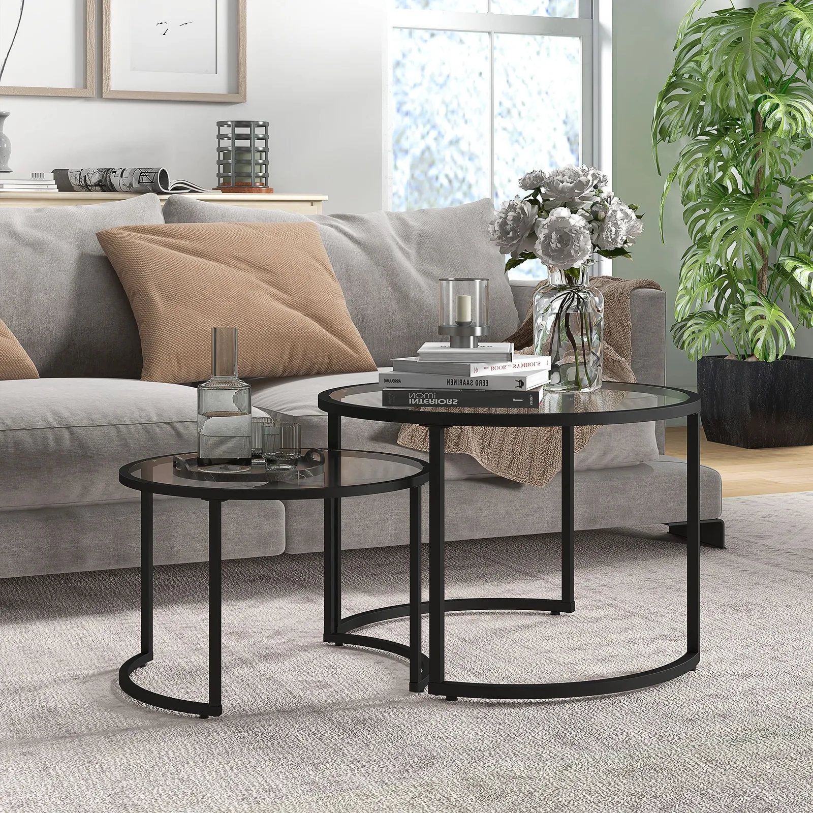 HOMCOM Nesting Coffee Table Set of 2 Round Side Tables for Living Room in Black