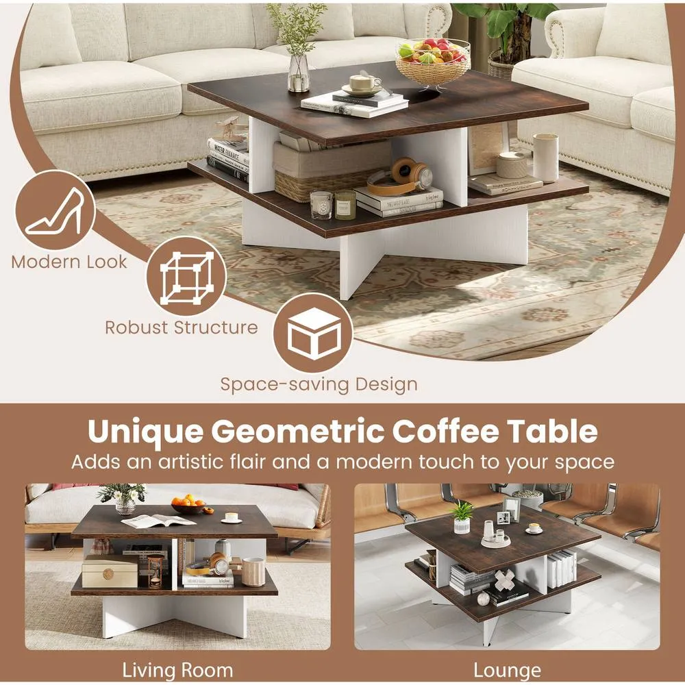 Costway 2-Tier Square Coffee Table 60cm Living Room Center Table-Brown in Brown 5