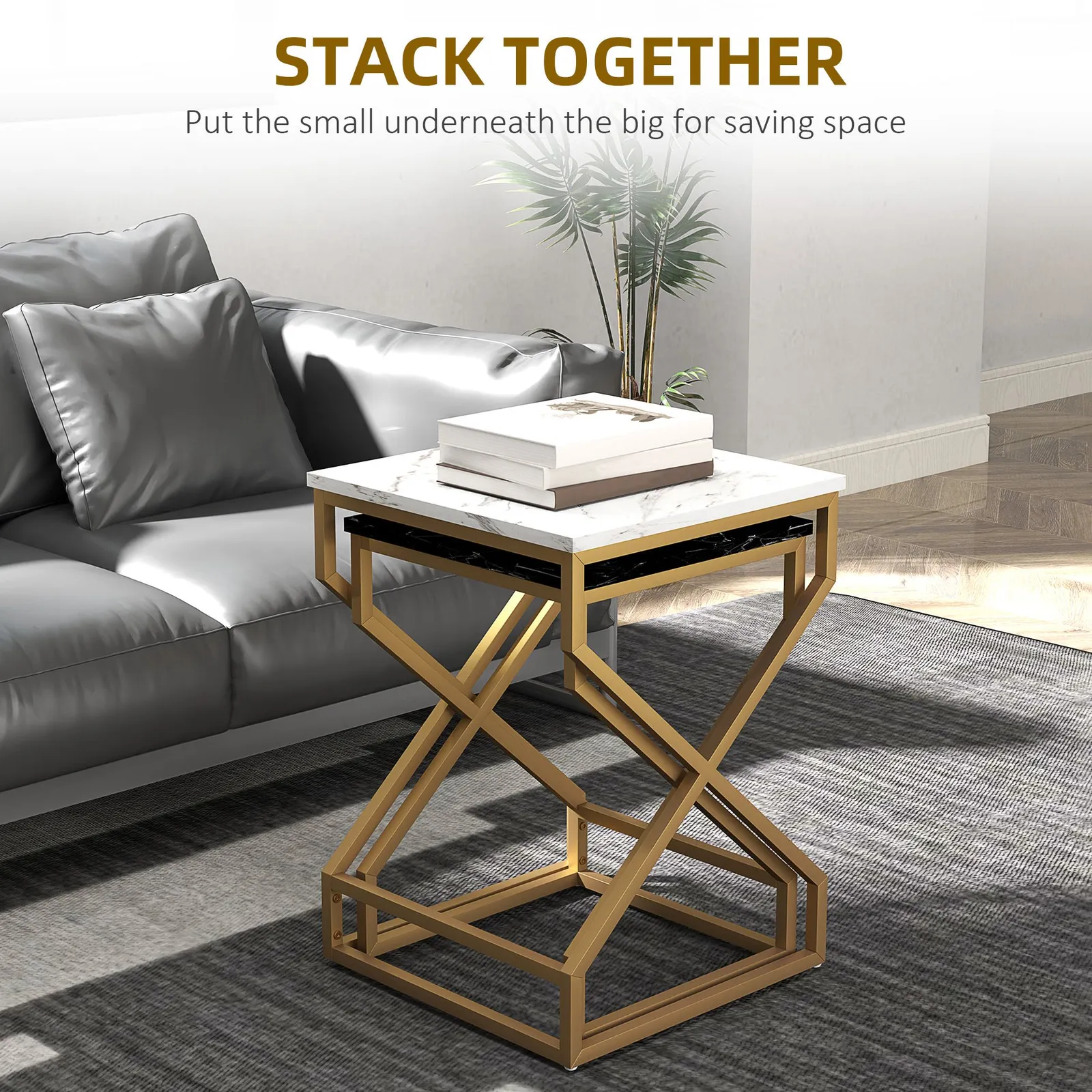 HOMCOM Nest Of Tables, Coffee Table Set with Steel Frame Black/White 4