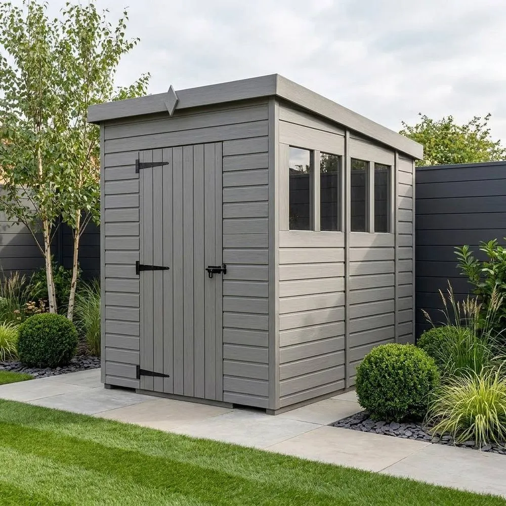 Buttercup Farm 5ft x 10ft Composite Pent Garden Shed Single Door With Windows - Grey 2
