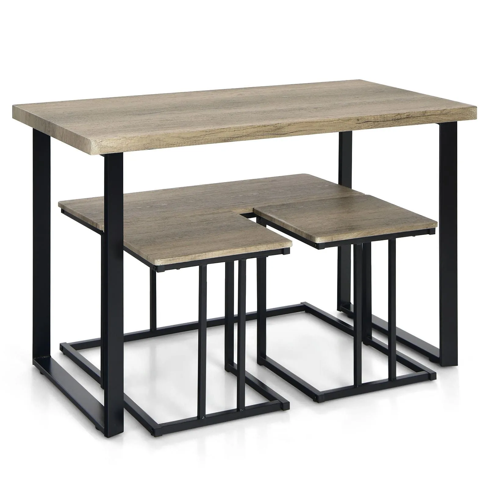 Costway 4PCS Industrial Dining Table & Chair Set Kitchen Furniture Table Bench 2 Stools in Grey