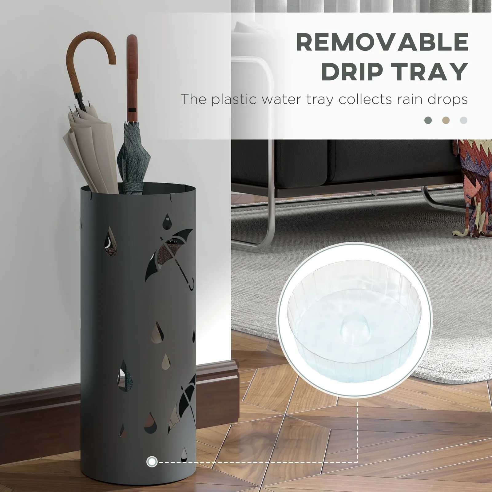 HOMCOM Round Umbrella Stand Umbrella Holder for Hallway with 4 Hooks in Dark Grey 5