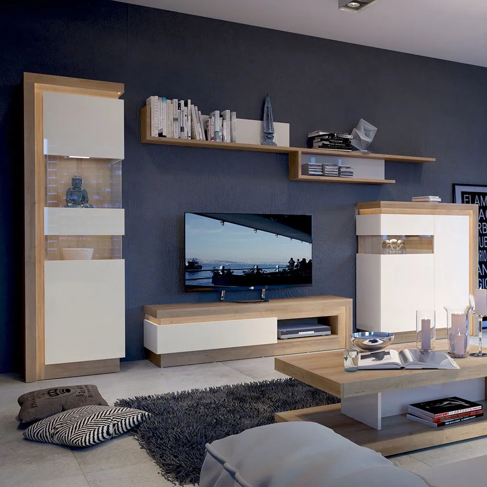 Furniture To Go Lyon 1 drawer TV cabinet with open shelf in Riviera Oak/White High Gloss in Brown 4