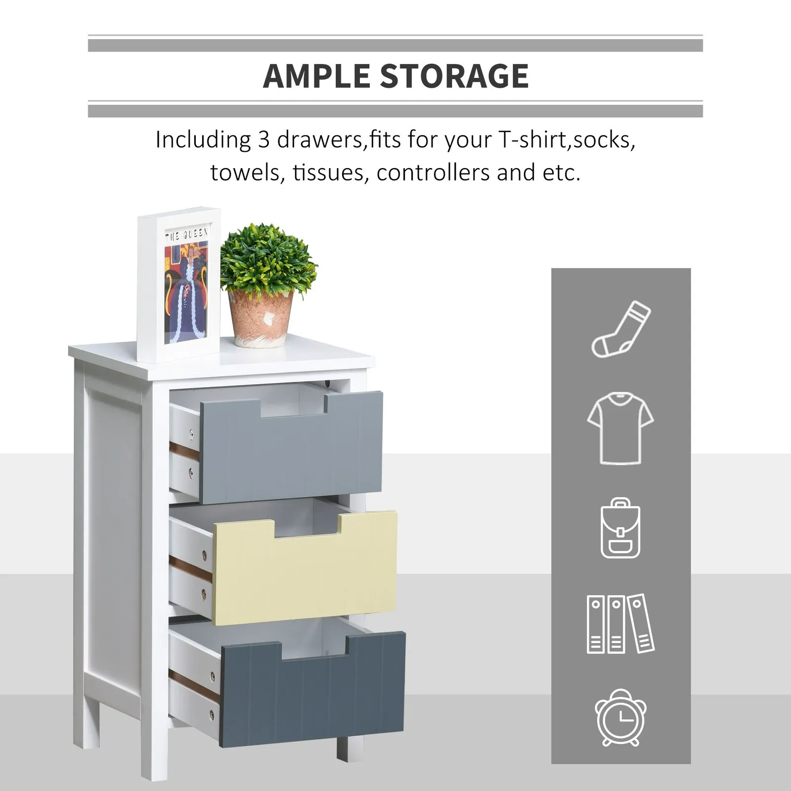 HOMCOM 3 Drawer Colourful Storage Cabinet Tower Dresser Chest 4